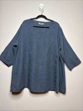 FLAX Linen Market Tunic Top Grey Blue Boho Lagenlook Size 2G